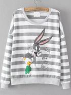Romwe Striped Rabbit Print Grey Sweatshirt
