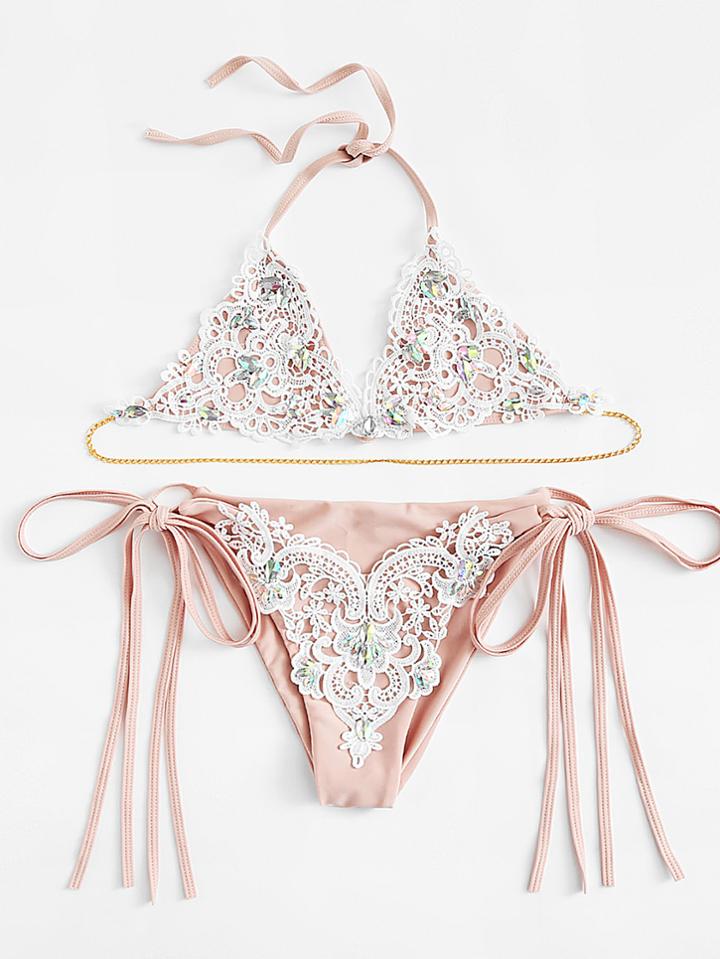 Romwe Lace Overlay Rhinestone Bikini Set