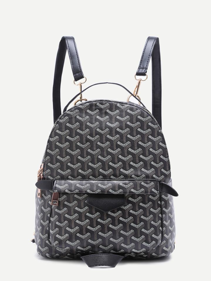 Romwe Black Print Pu Front Pocket Backpack