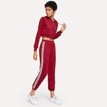 Romwe Drawstring Hoodie Top With Striped Side Pants