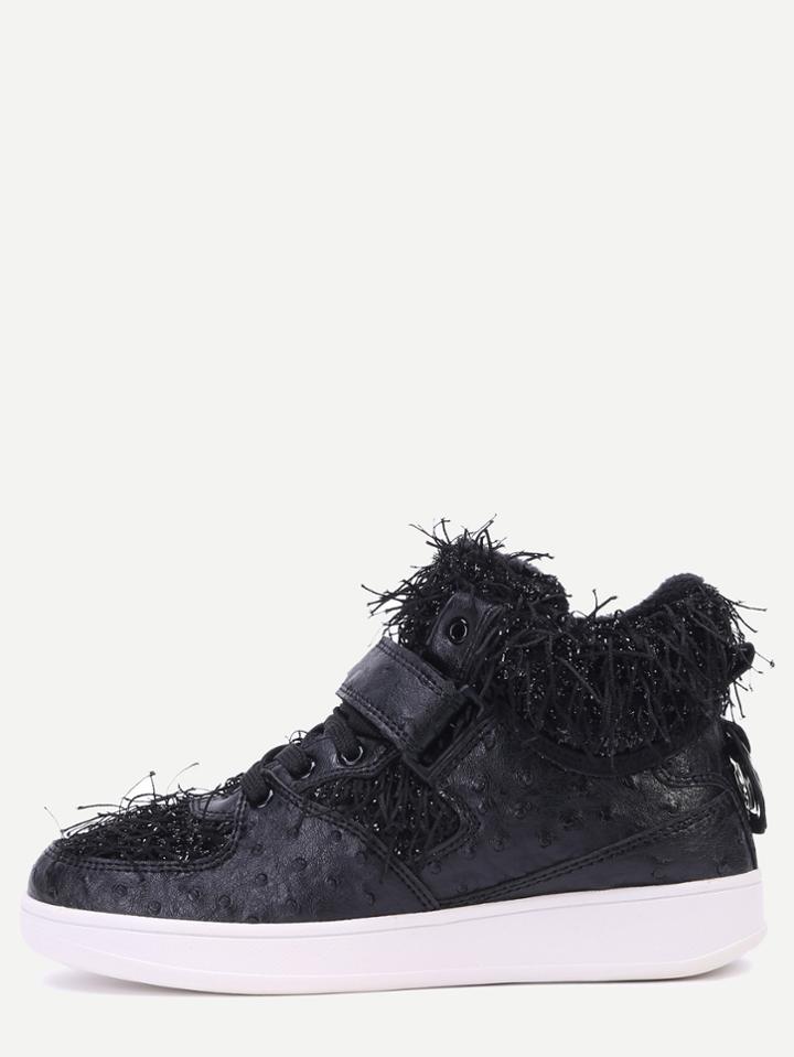 Romwe Black Ostrich Look Fringe Embellished Sneakers