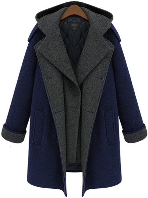 Romwe Blue Hooded Buttons Pockets Long Coat