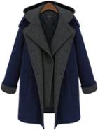 Romwe Blue Hooded Buttons Pockets Long Coat