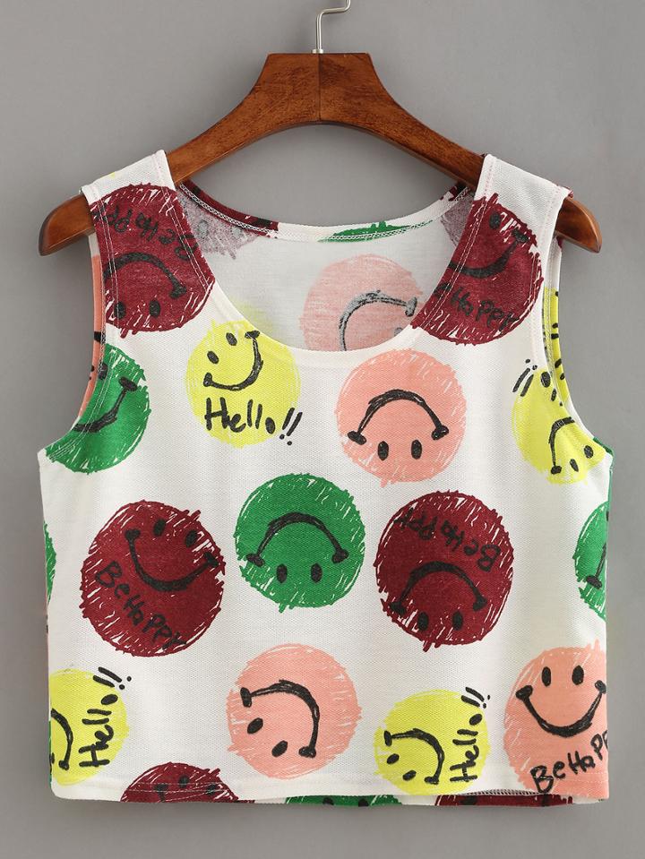 Romwe Smiley Face Print Crop Tank Top
