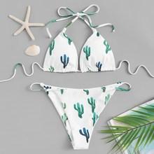 Romwe Random Cactus Print Halter Top With Low Rise Bikini