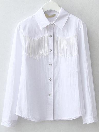 Romwe Lapel Button-down Tassel White Blouse