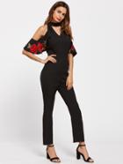 Romwe Embroidery Patch Flounce Sleeve Chock Neck Jumpsuit