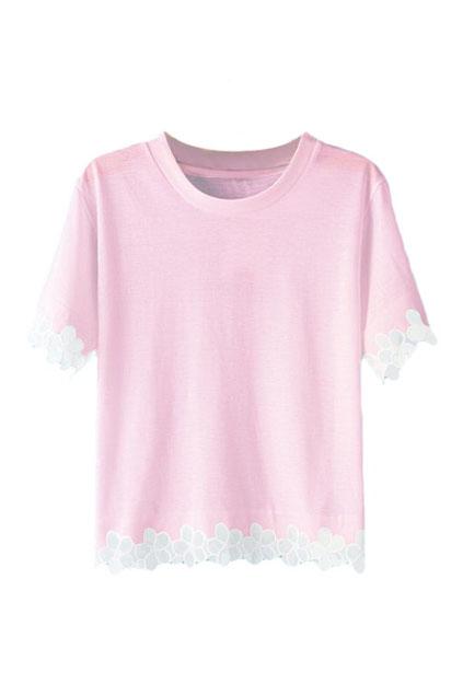 Romwe Lace Panel Midriff Pink T-shirt