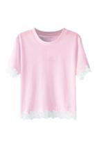 Romwe Lace Panel Midriff Pink T-shirt