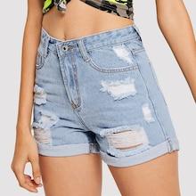 Romwe Stitch Detail Ripped Cuffed Hem Denim Shorts