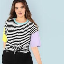 Romwe Plus Cut And Sew Striped Tee