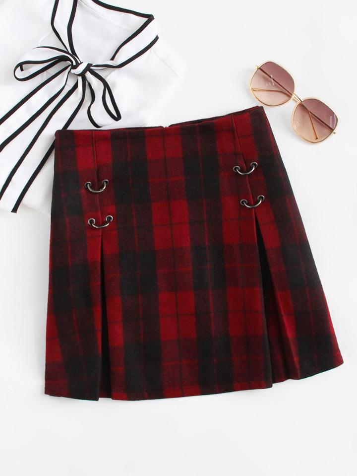 Romwe Eyelet Detail Pleated Zip Up Back Skirt