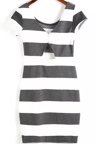 Romwe Striped Cut Out Grey Dress