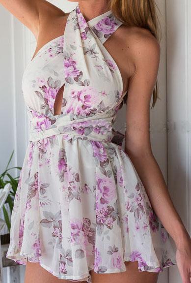 Romwe Deep Plunge Neck Florals Open Back White Jumpsuit