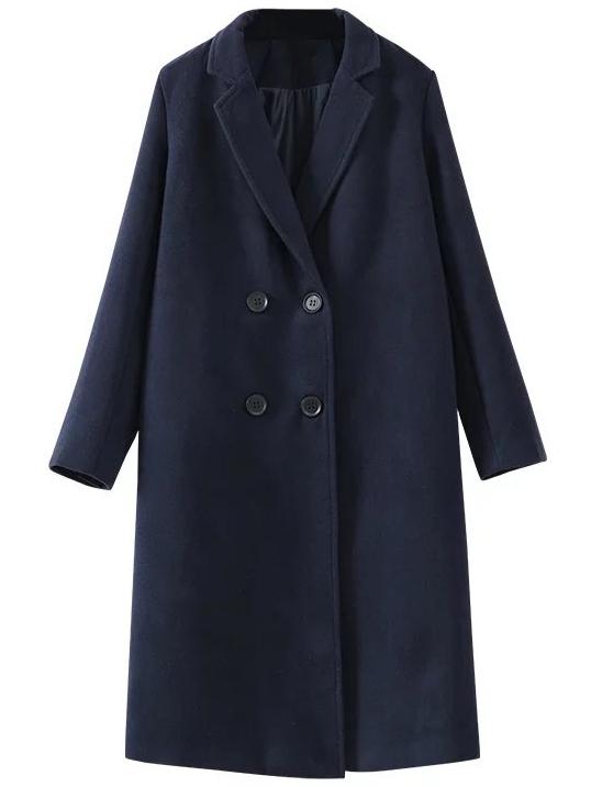 Romwe Navy Double Breasted Patch Wool Blend Coat