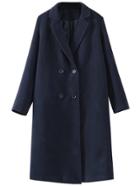 Romwe Navy Double Breasted Patch Wool Blend Coat