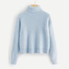 Romwe Rolled Up Neck Solid Fuzzy Jumper