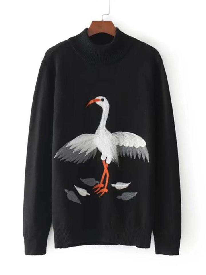 Romwe Crane Print Jumper Sweater