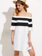 Romwe White Striped Off The Shoulder Pleated Sleeve Dress