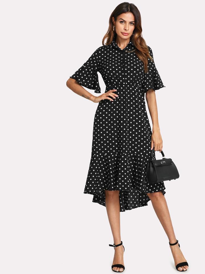 Romwe Half Placket Polka Dot Ruffle Dress