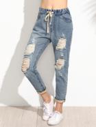 Romwe Blue Ripped Polka Dot Lined Drawstring Jeans