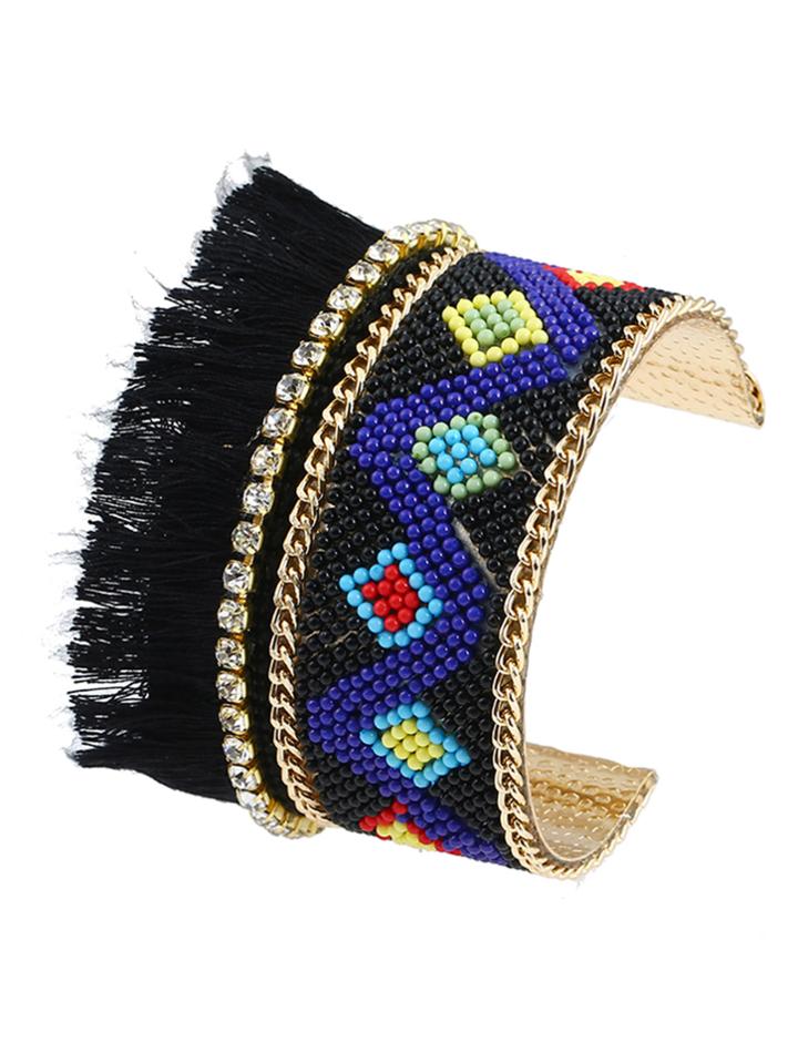 Romwe Fringe Trim Beaded Open Cuff