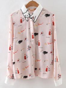 Romwe Contrast Collar Embroidery Blouse