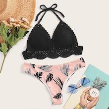 Romwe Crochet Top With Random Tropical Bikini Set