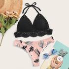 Romwe Crochet Top With Random Tropical Bikini Set