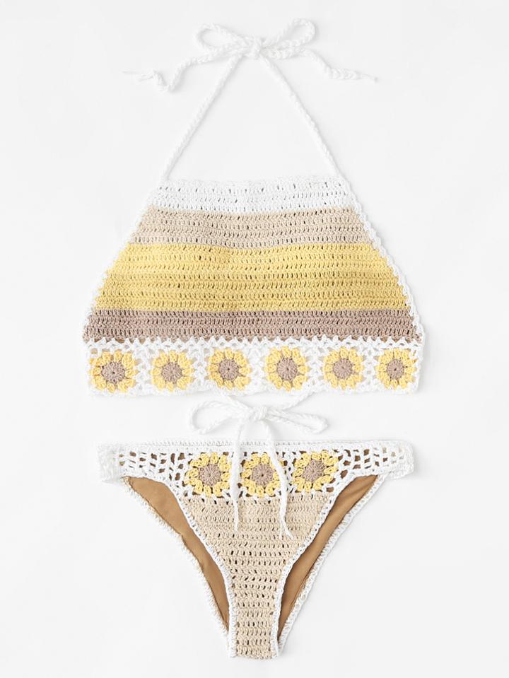 Romwe High Neck Crochet Bikini Set