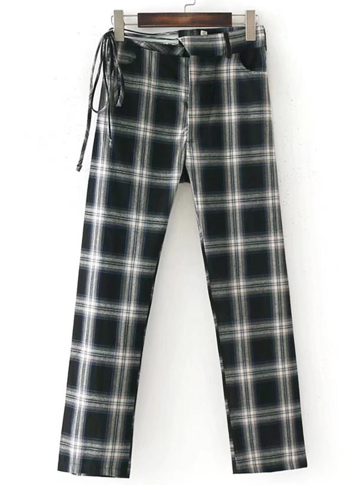 Romwe Tie Side Asymmetrical Plaid Pants