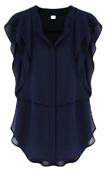 Romwe V Neck Ruffles Sleeve Chiffon Navy Blouse