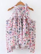 Romwe Cold Shoulder Floral Ruffle Trim Chiffon Blouse