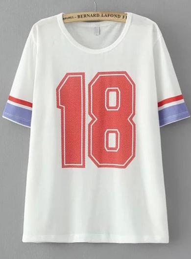 Romwe White Short Sleeve 18 Print Loose T-shirt