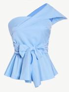 Romwe Fold Over One Shoulder Belted Tailored Peplum Top