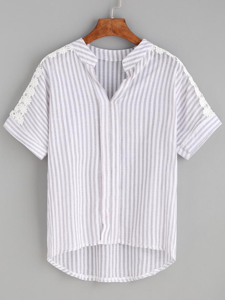 Romwe Grey Striped Notch Neck Appliques Dip Hem Blouse