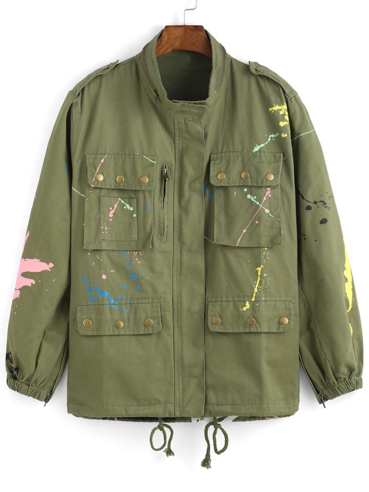 Romwe Stand Collar Graffiti Print Pockets Coat