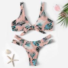 Romwe Random Jungle Leaf Print Knot Top With Cut Side Bikini Set