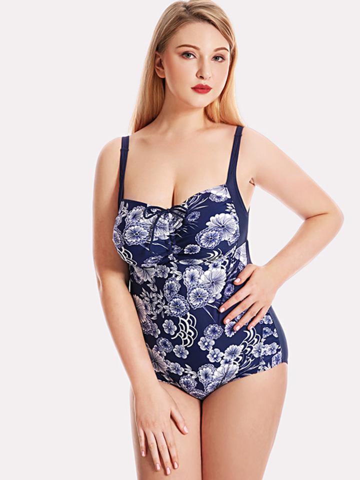 Romwe Cut Out Back Flower Print Swimsuit