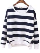 Romwe Dropped Shoulder Seam Striped Zippers Navy Sweatshirt