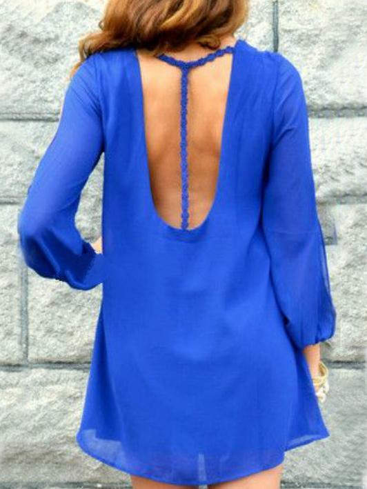 Romwe Blue V Neck Cut Out Back Shift Dress