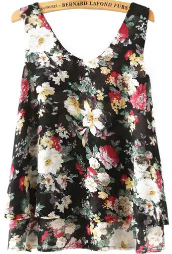 Romwe Double Layels Florals Chiffon Black Tank Top
