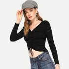 Romwe Drawstring Front Ribbed Knit Sweater