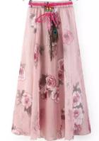 Romwe Drawstring Rose Print Pleated Pink Skirt