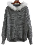 Romwe Hooded Faux Fur White Coat With Zipper