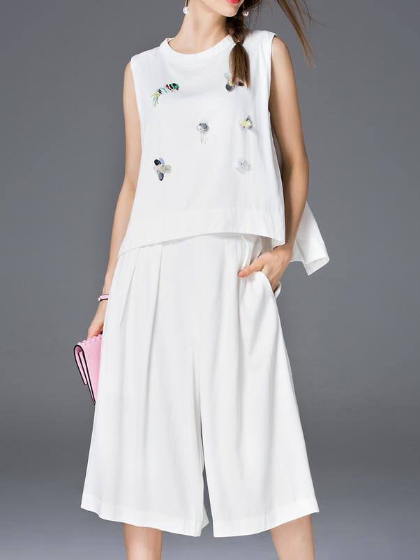 Romwe White Bowtie Beading Top With Pants