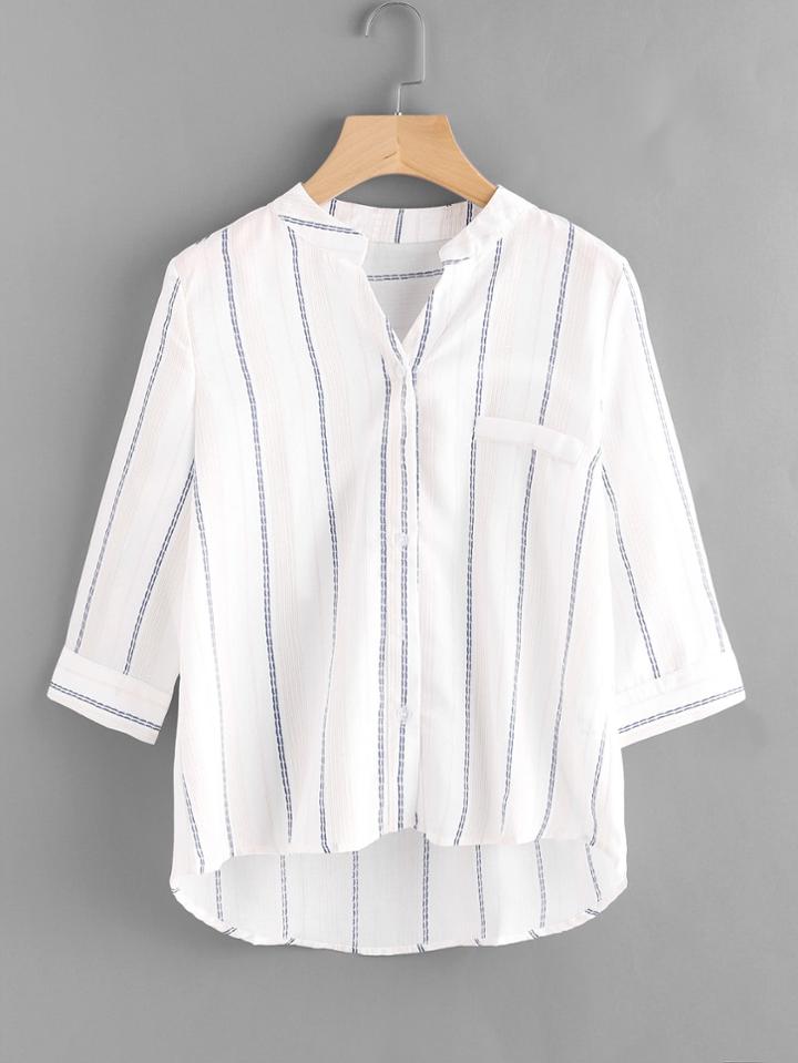 Romwe Striped Dip Hem Shirt