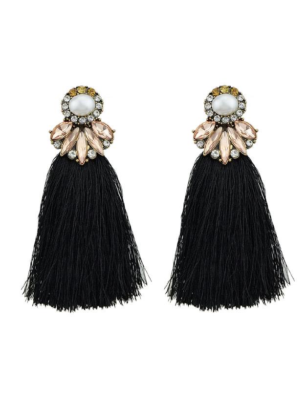 Romwe Black Bohemian Style Statement Flowert Long Tassel Drop Earring
