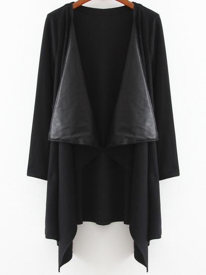 Romwe Black Long Sleeve Contrast Pu Leather Coat