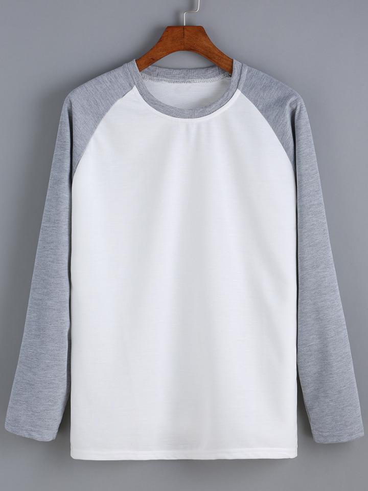 Romwe Round Neck Contrast Sleeve Grey White Sweatshirt